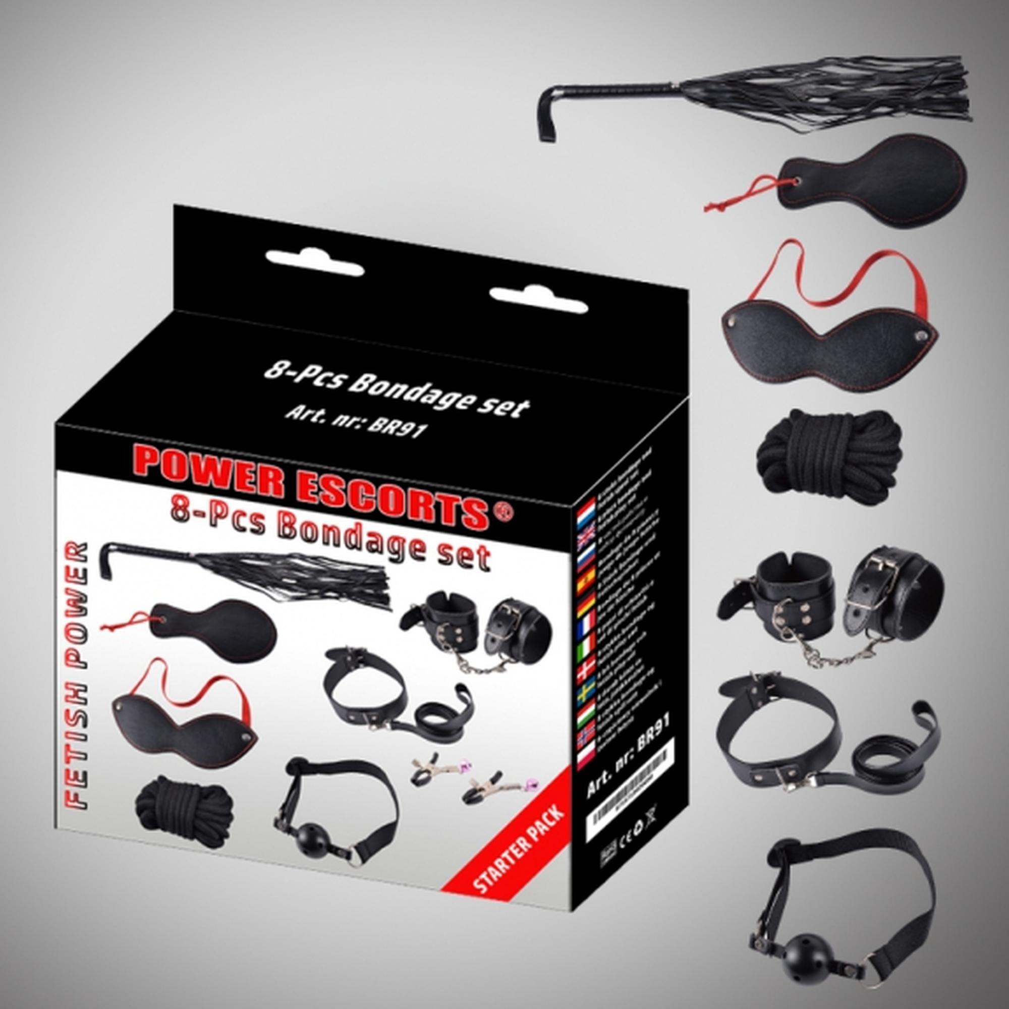 BDSM súprava 8 ks čiernych manžiet / golier / maska / bič / svorky / lano