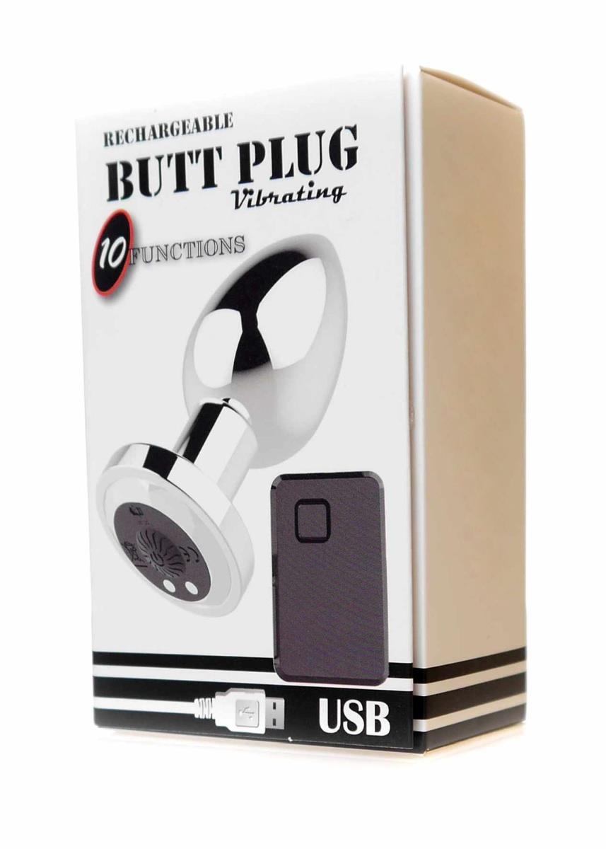 Stymulator-Rechargeable Butt Plug Vibrator Usb 10 Functions - Silver