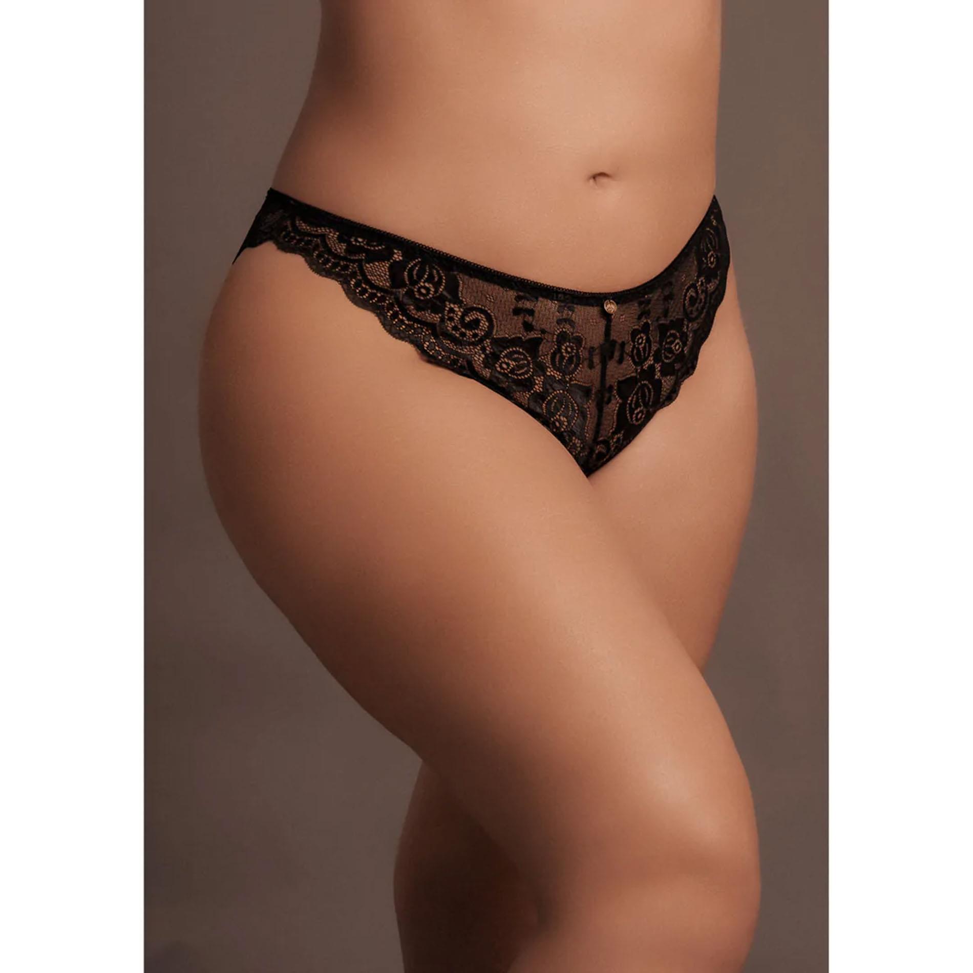 Zoe - Elastic Lace Brief With Back Lacing And Golden Details - Plus Size