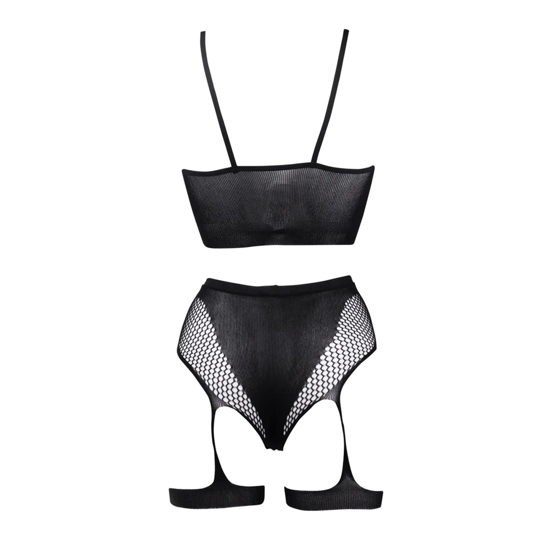2-Piece Bra Set With Garters - One Size - Black