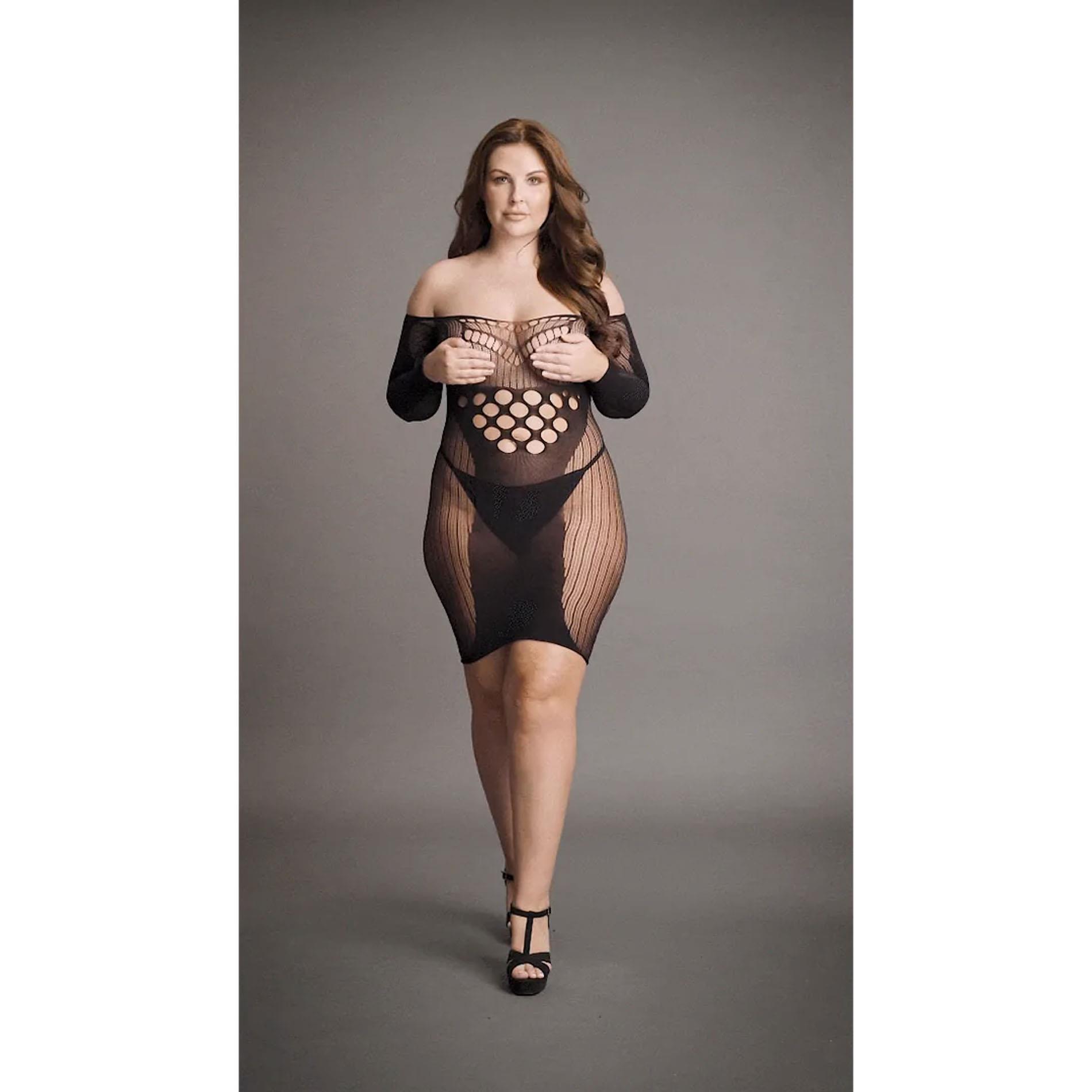 Contrast Net Long Sleeved Mini Dress - Plus Size