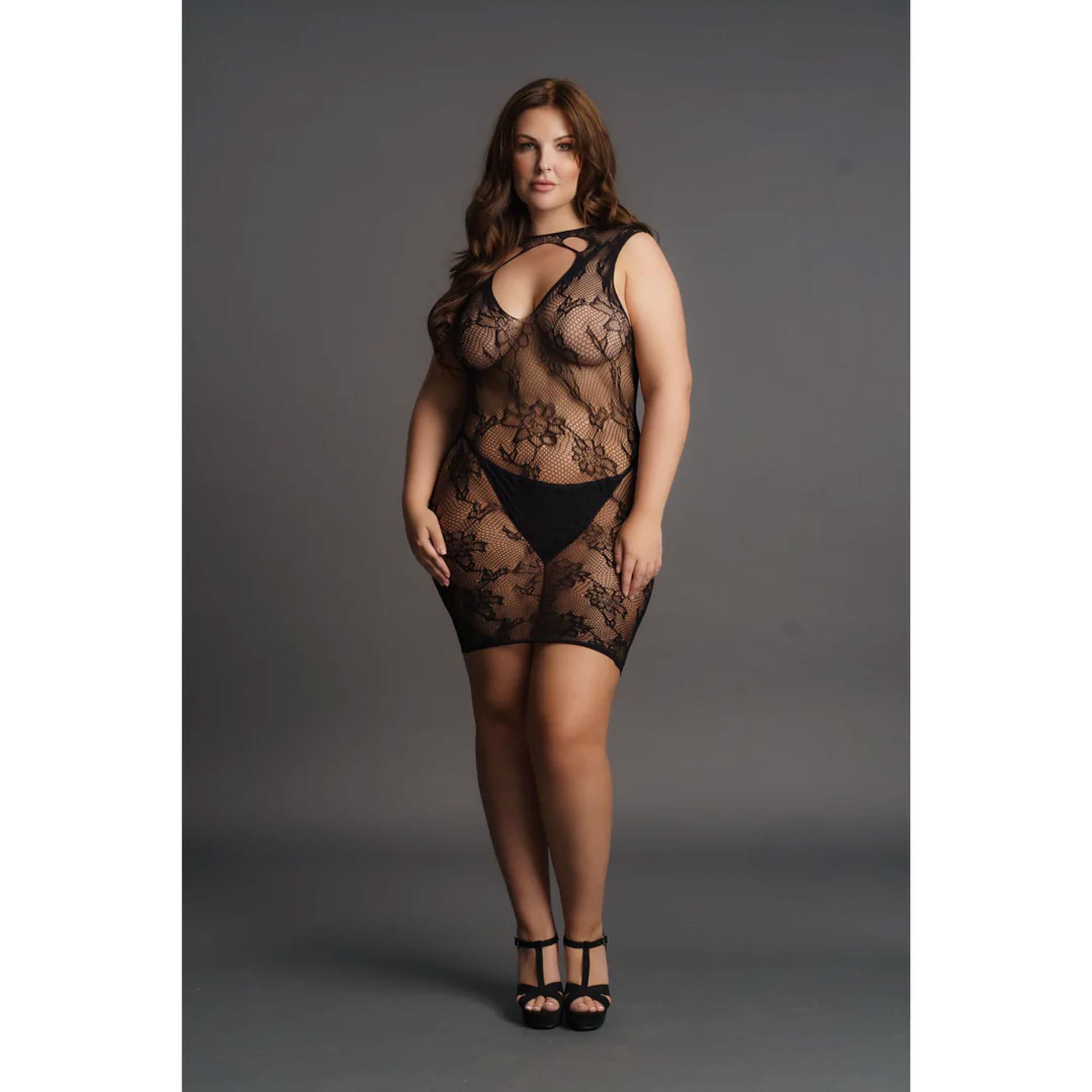 High Neck Lace Mini Dress - Plus Size