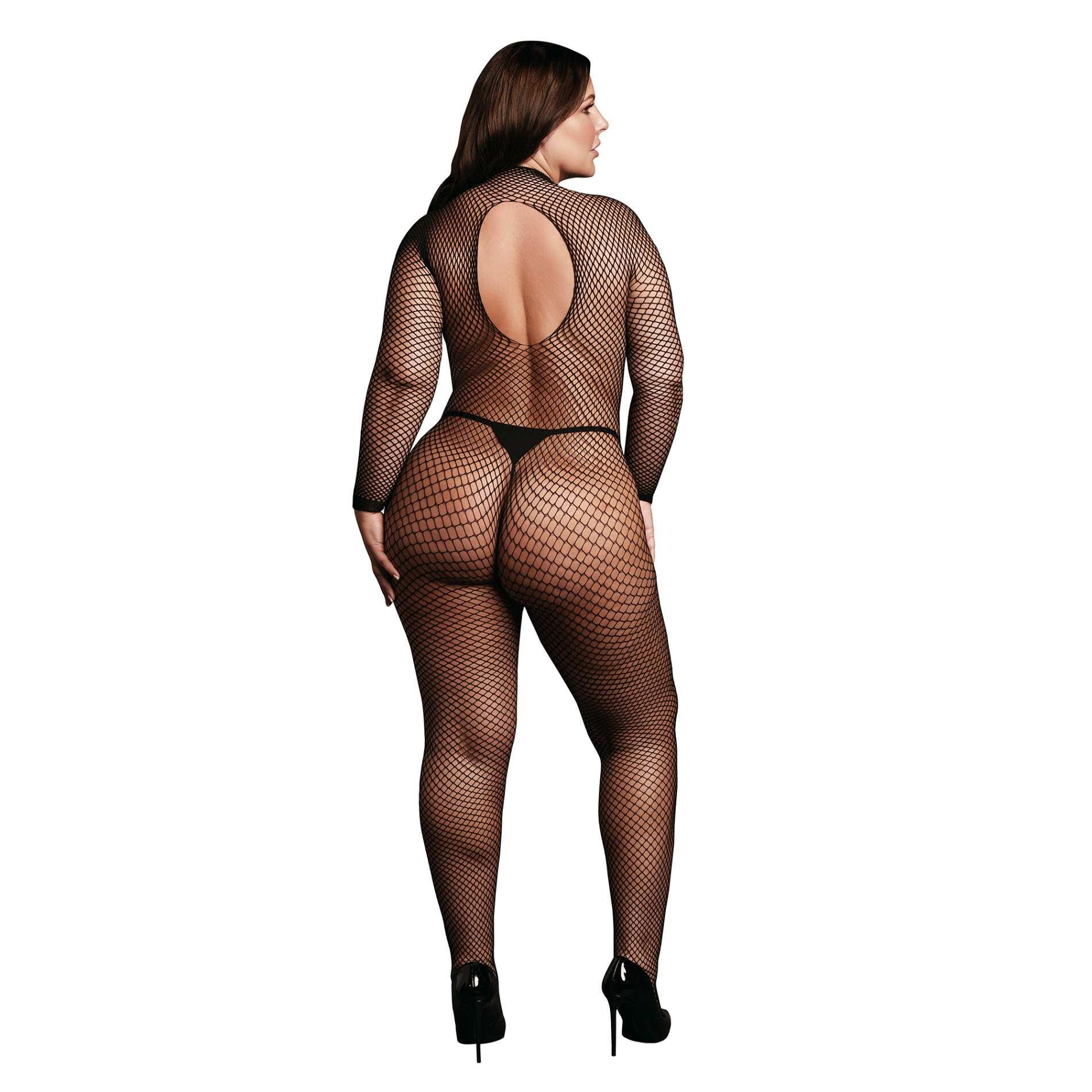 Bodystocking With Fishnet Structure, Open Crotch And Turtle Neck.