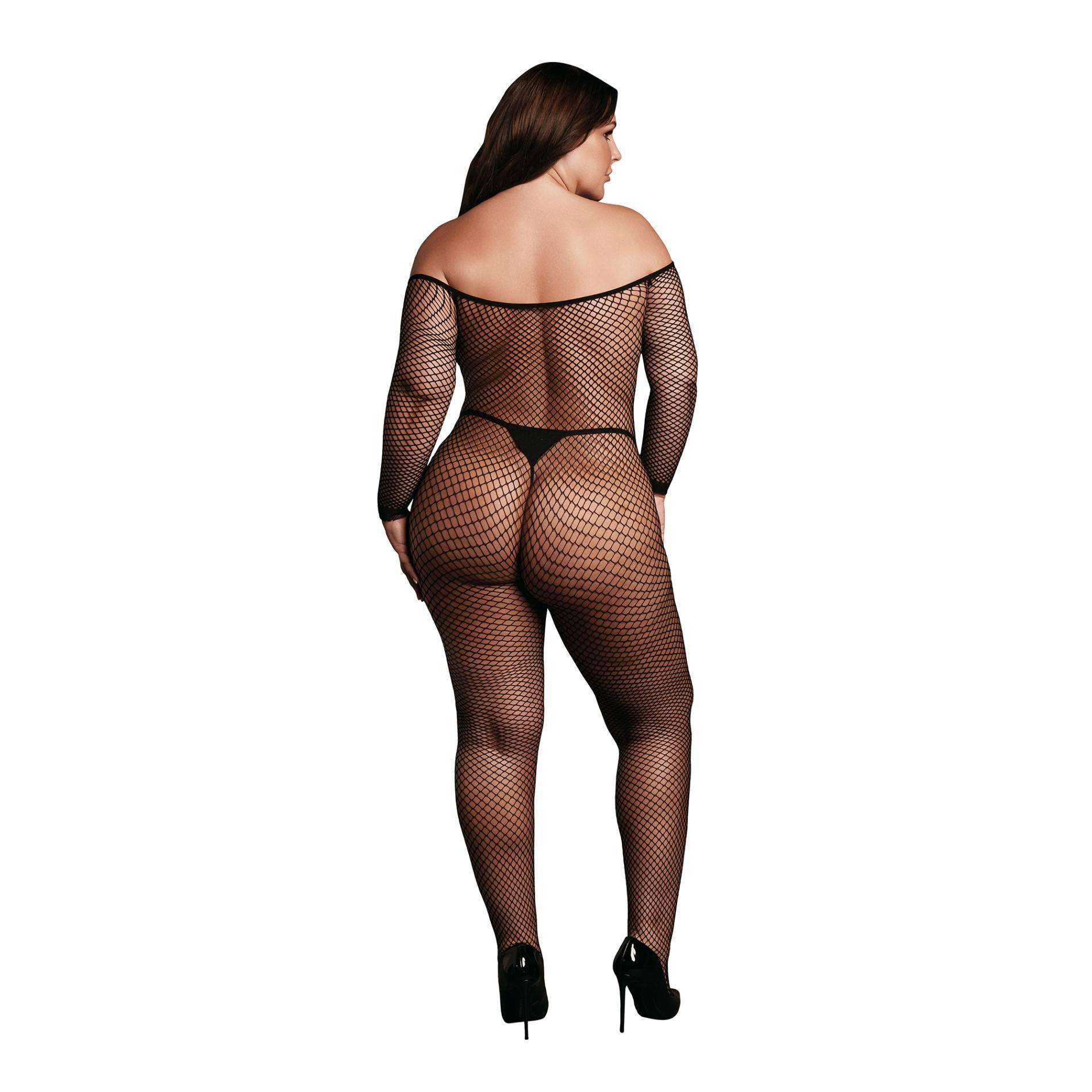 Bodystocking With Off Shoulder Neckline, Fishnet Structure And Open Crotch.