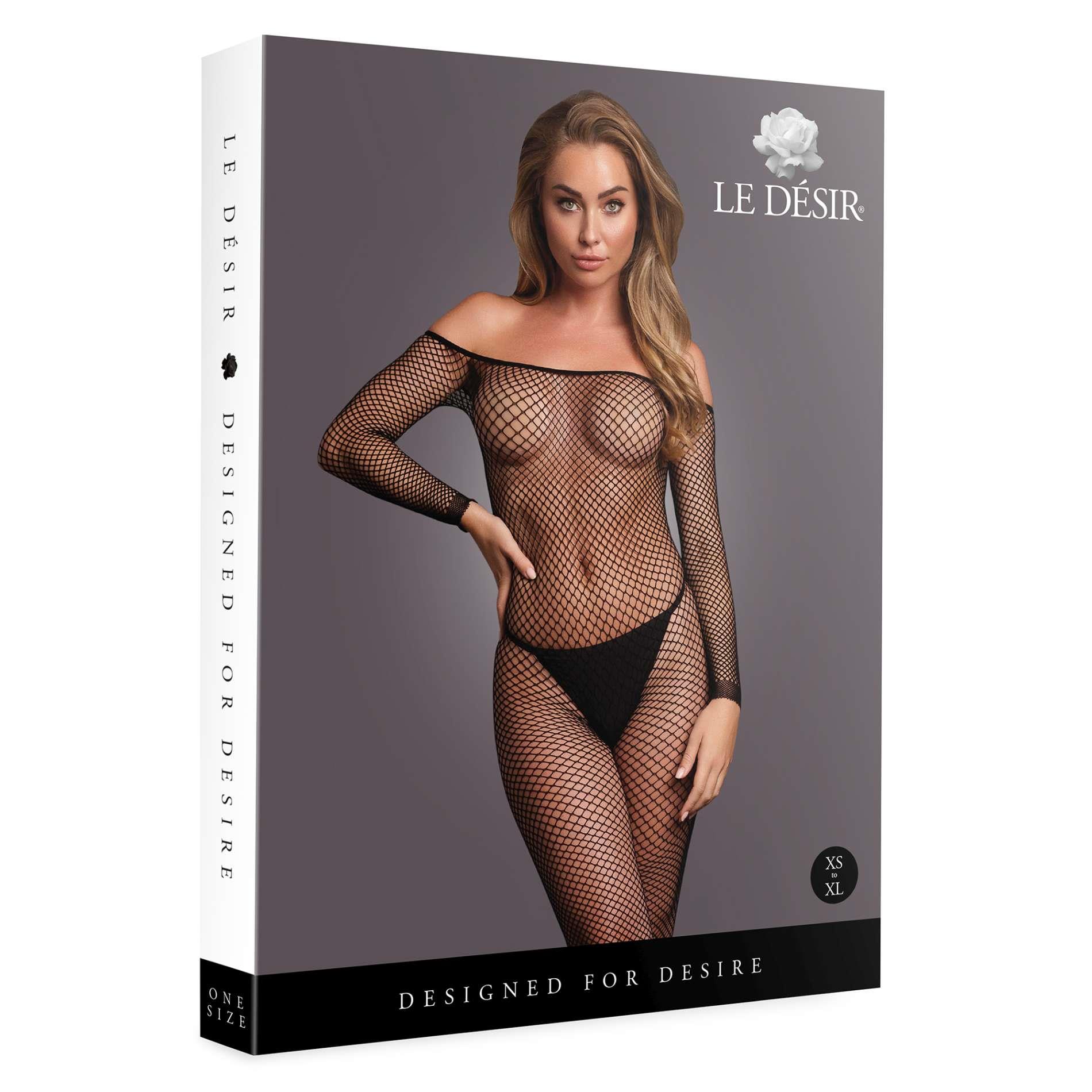 Bodystocking With Off Shoulder Neckline, Fishnet Structure And Open Crotch.