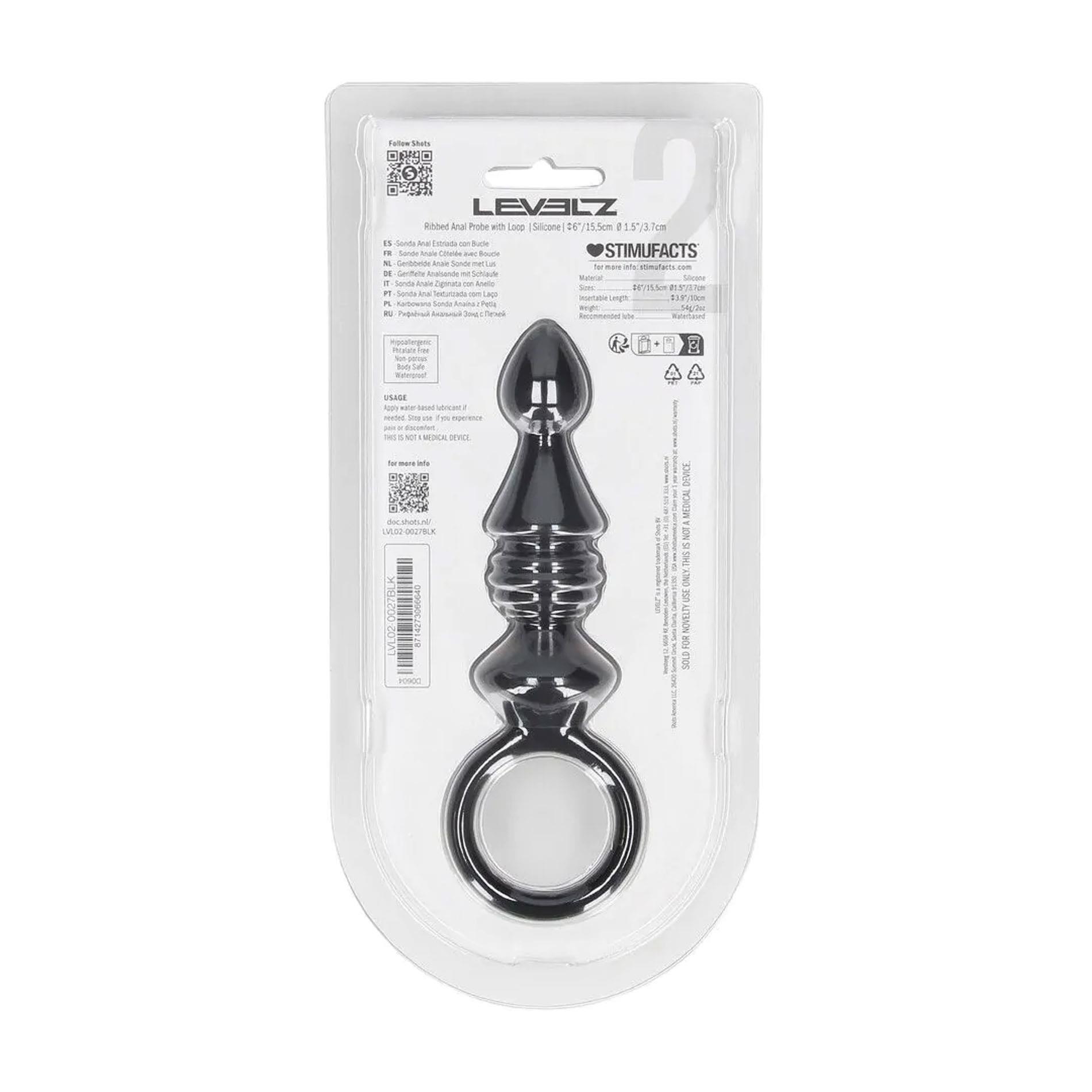Ribbed Silicone Anal Probe With Loop - Black