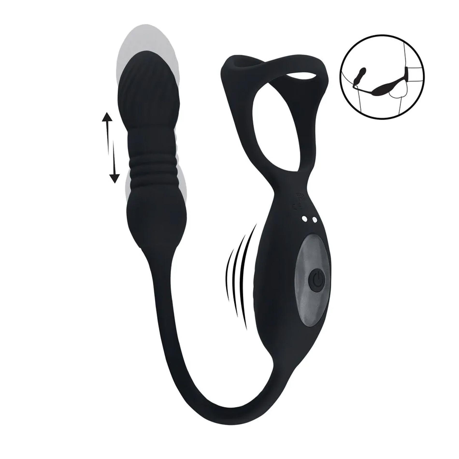 Vibrating And Thrusting Silicone Tri O Cockring With Prostate Stimulator