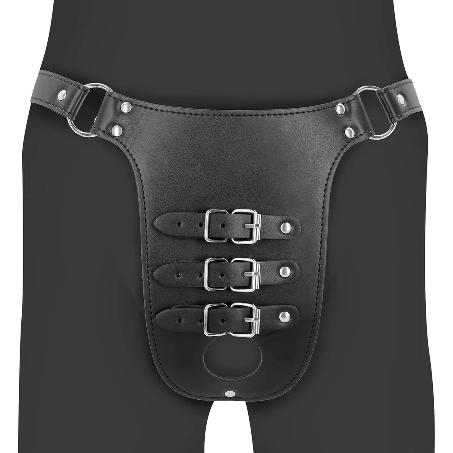 Pu Leather Chastity Belt With Straps - Black