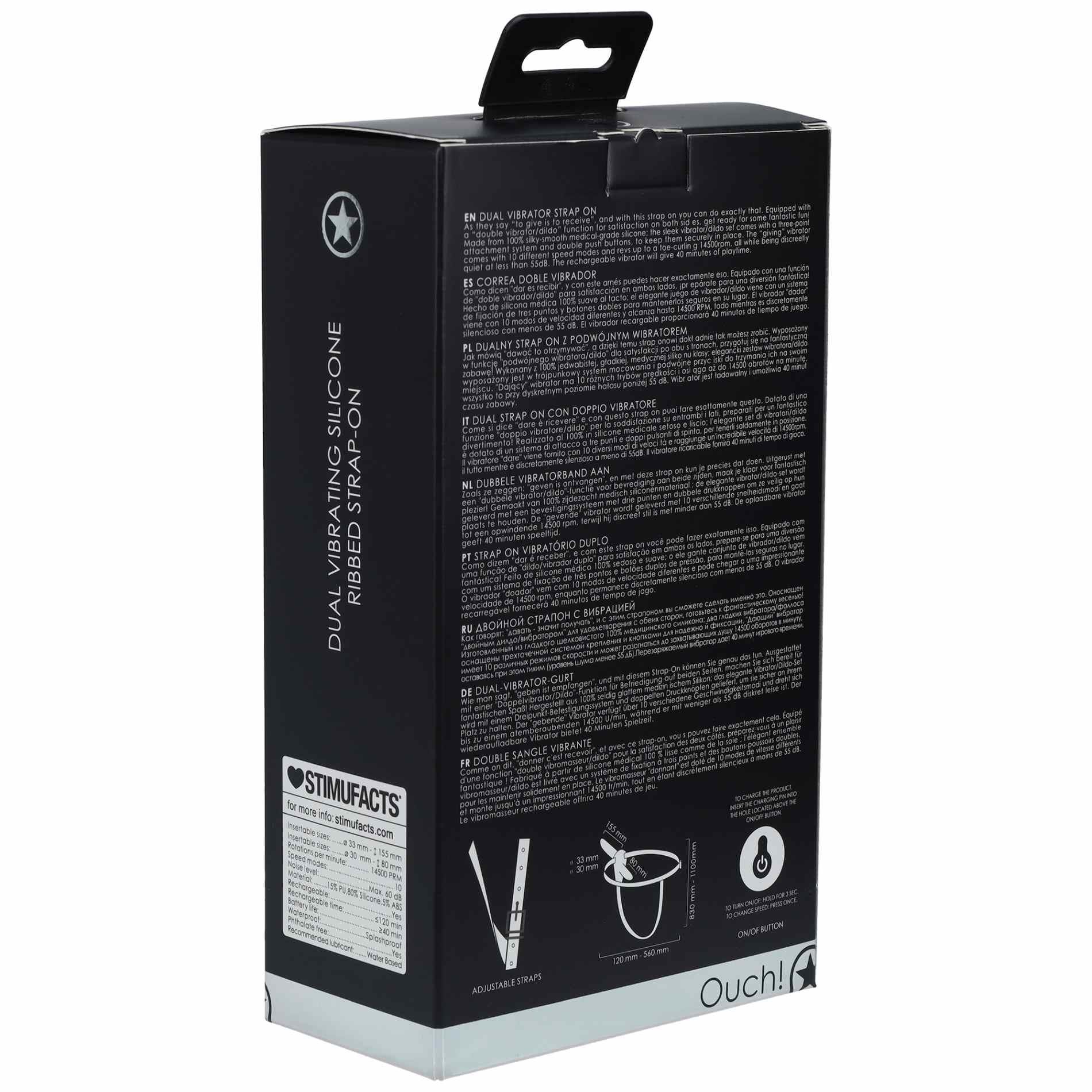 Ouch! - Dual Vibrating - Rechargeable - 10 Speed Silicone Ribbed Strap-On