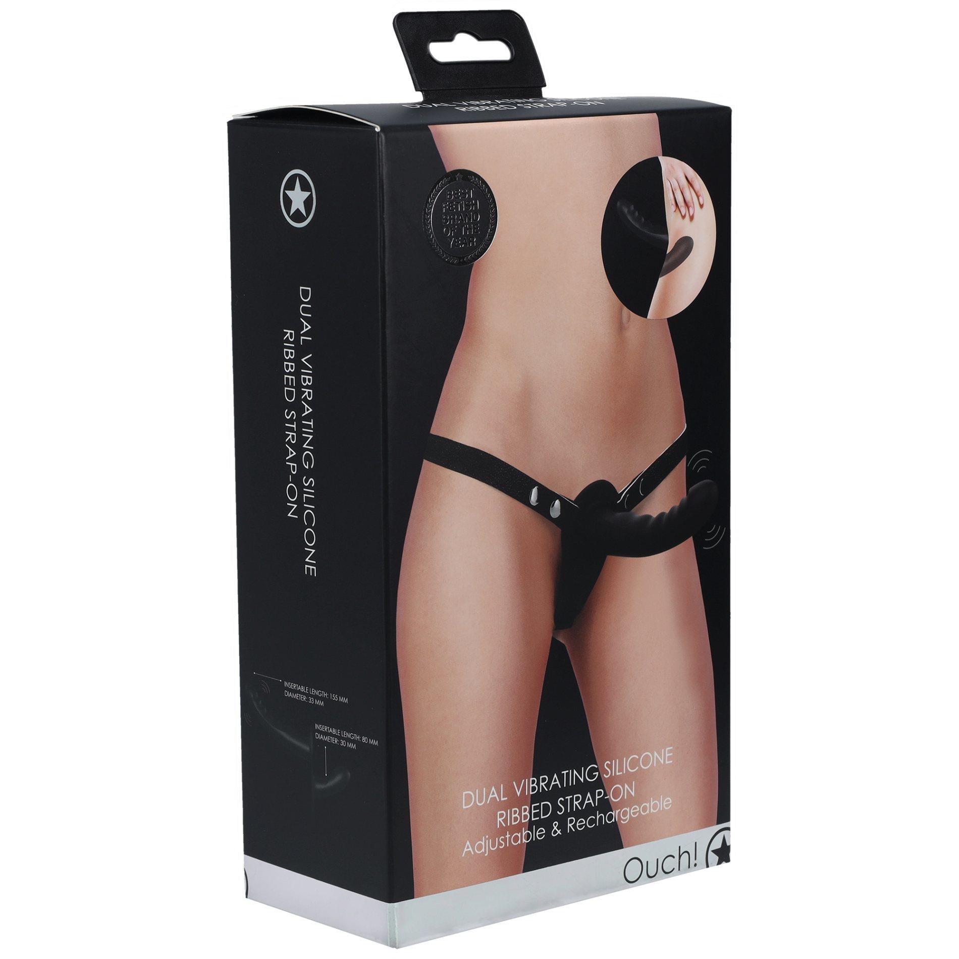 Ouch! - Dual Vibrating - Rechargeable - 10 Speed Silicone Ribbed Strap-On
