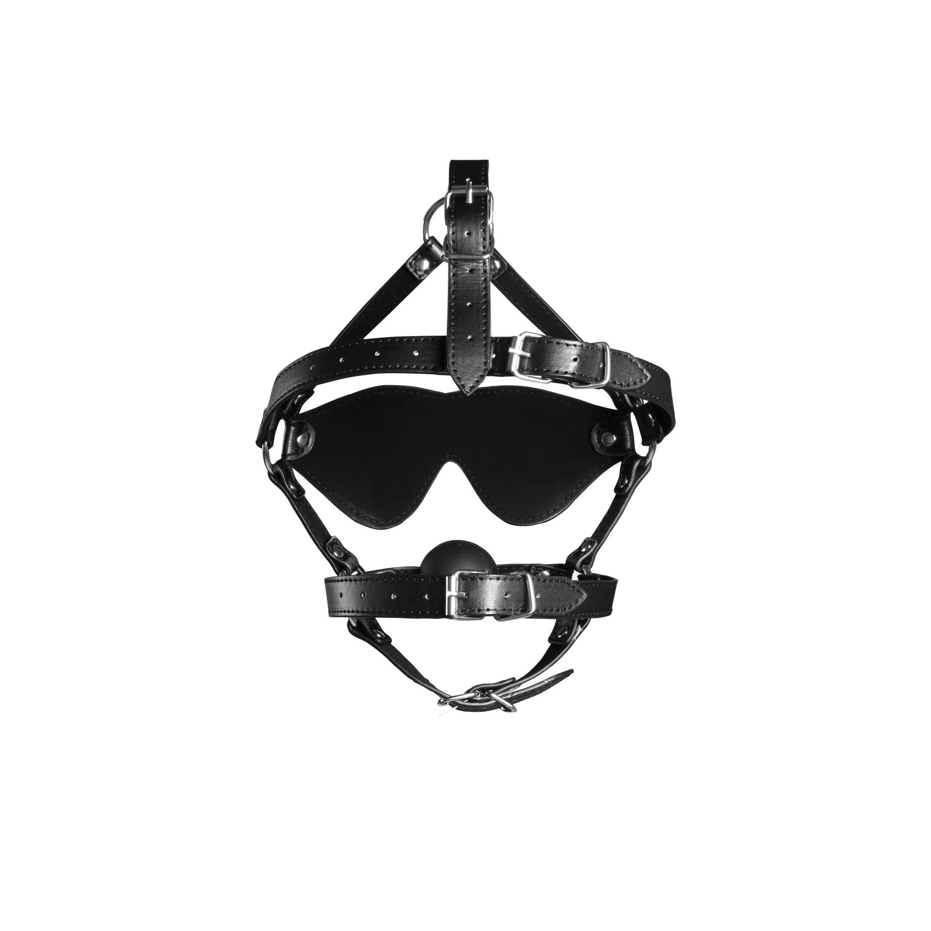 Blindfolded Head Harness With Solid Ball Gag - Black