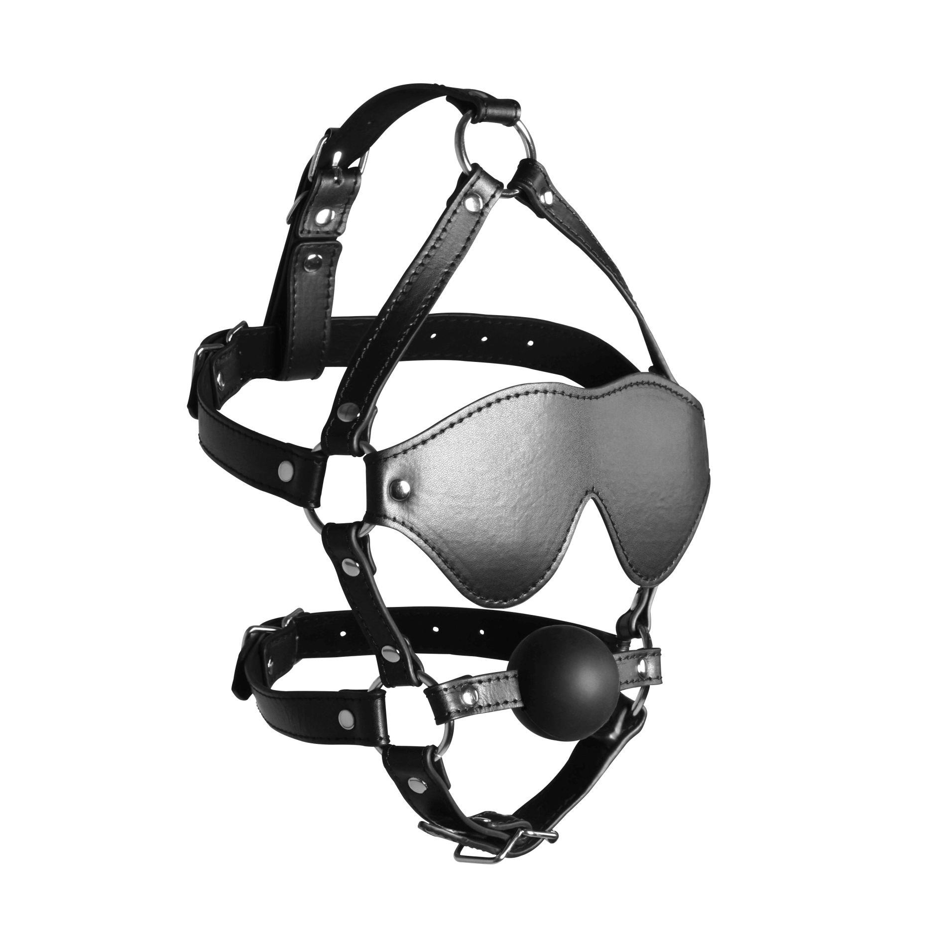 Blindfolded Head Harness With Solid Ball Gag - Black