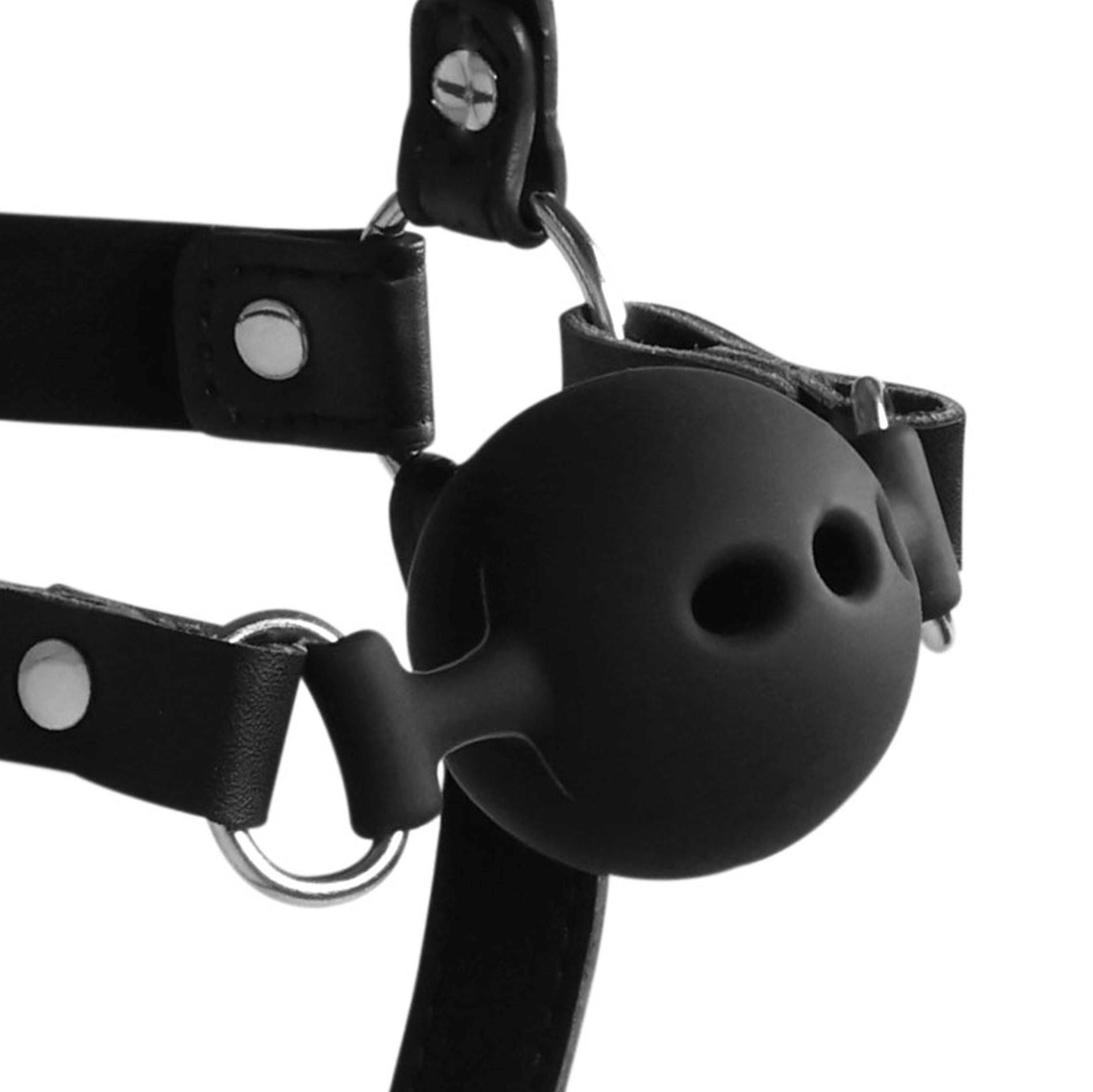 Head Harness With Breathable Ball Gag And Nose Hooks - Black