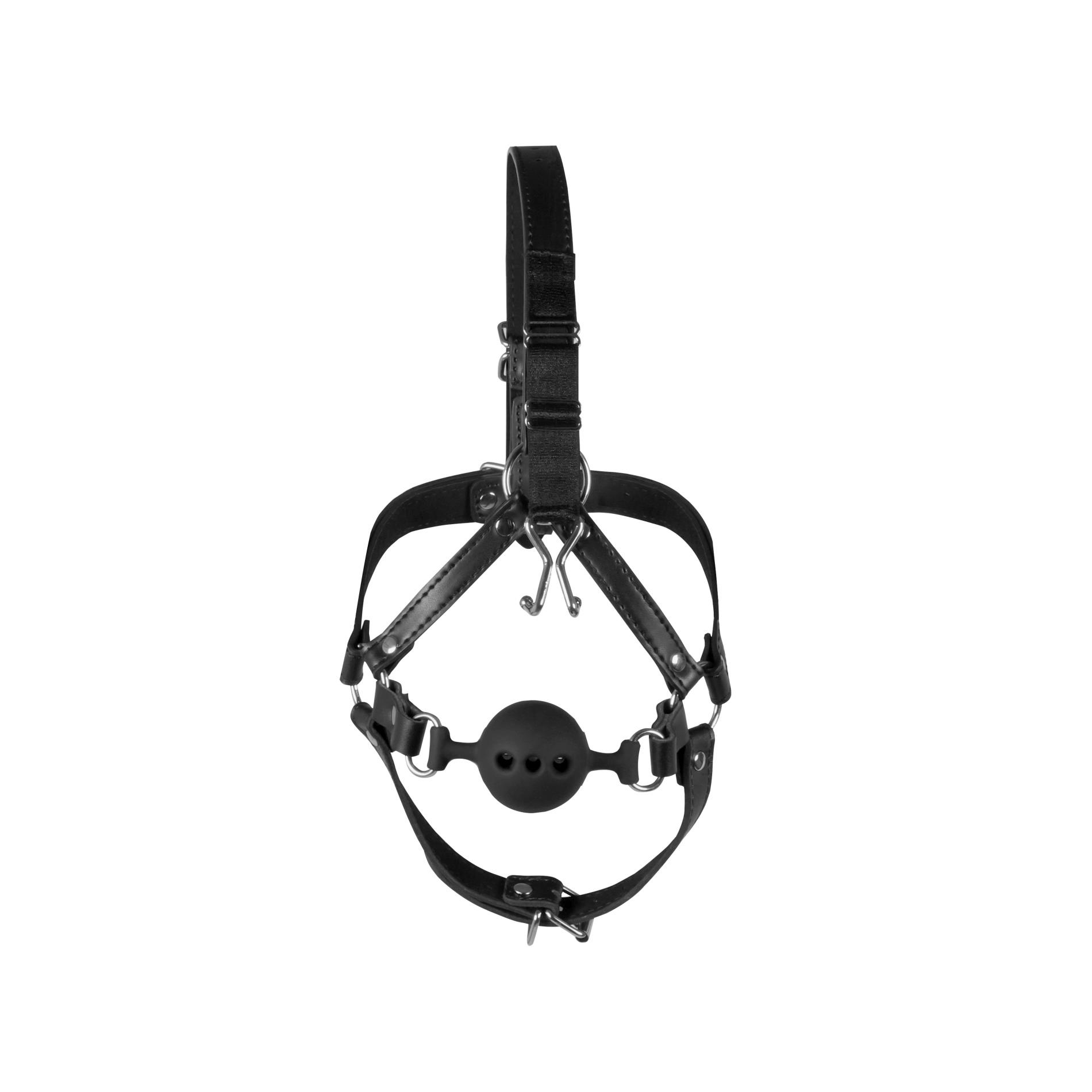 Head Harness With Breathable Ball Gag And Nose Hooks - Black