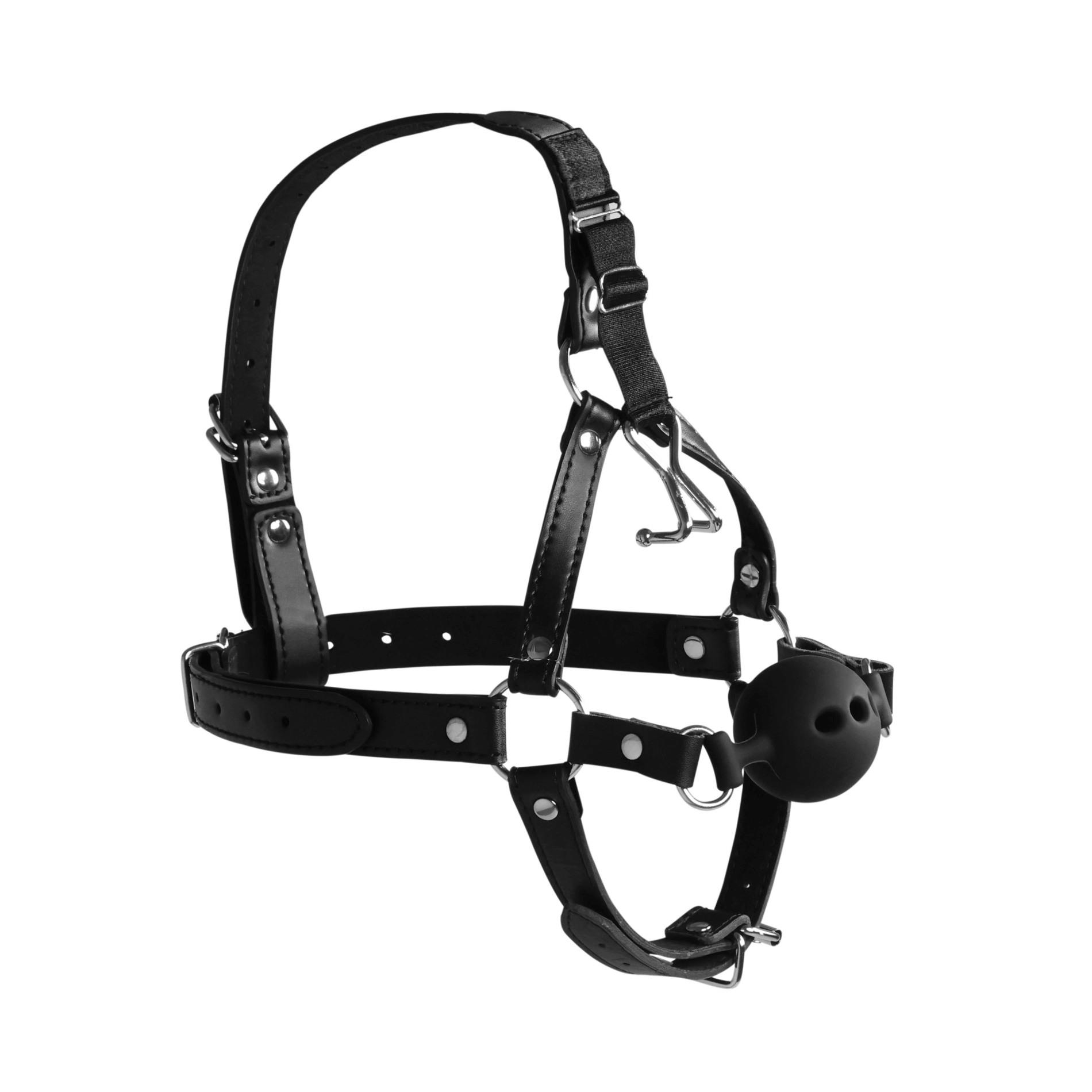 Head Harness With Breathable Ball Gag And Nose Hooks - Black