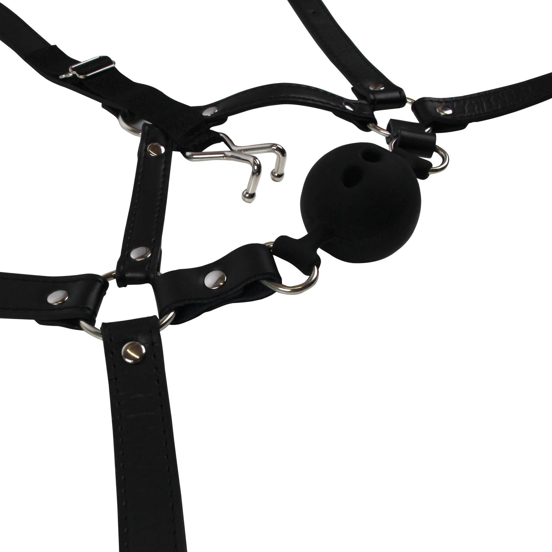 Head Harness With Breathable Ball Gag And Nose Hooks - Black