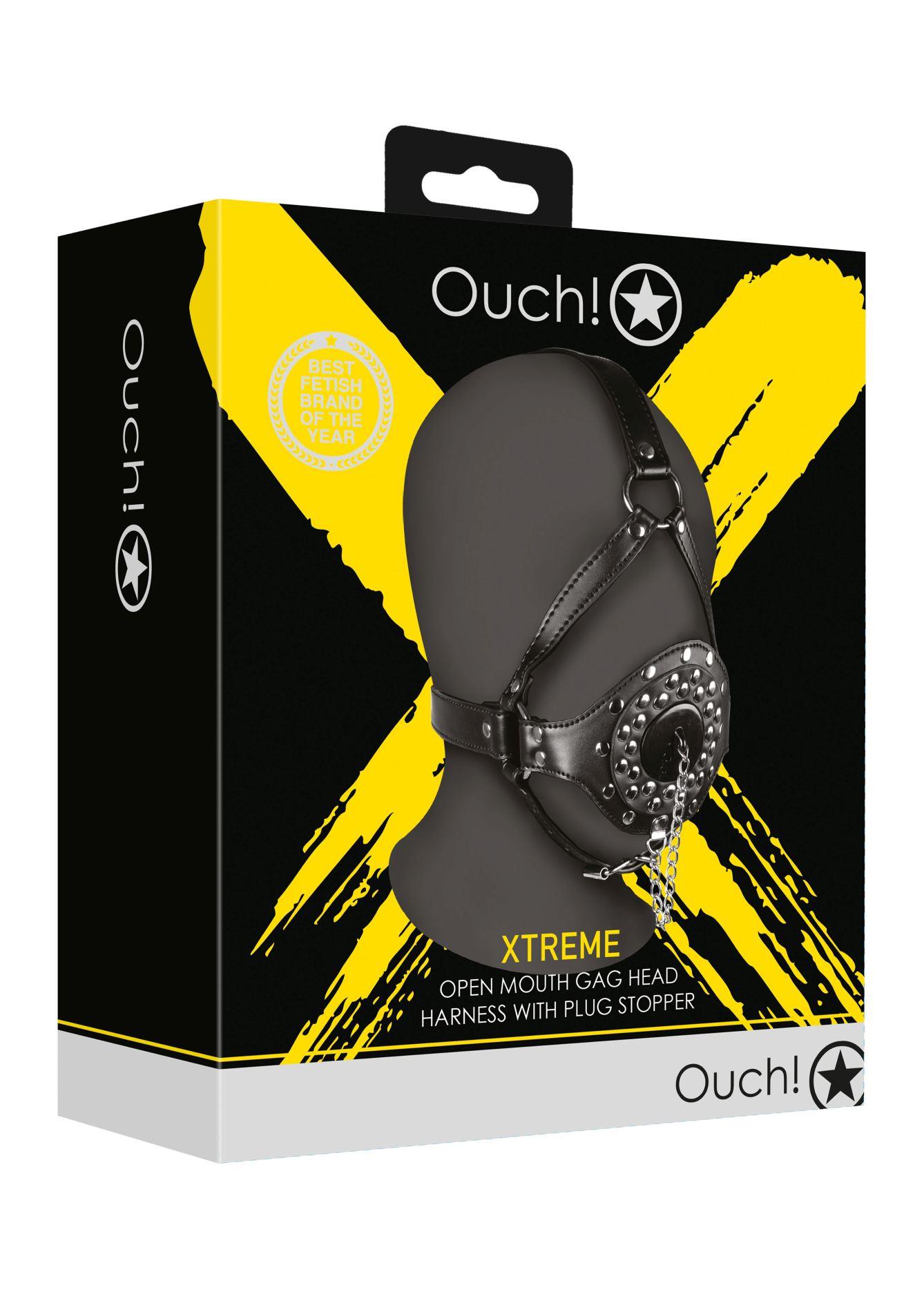 Open Mouth Gag Head Harness With Plug Stopper - Black