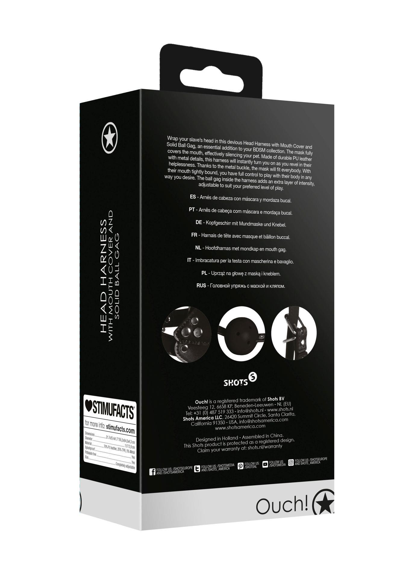 Head Harness With Mouth Cover And Solid Ball Gag - Black