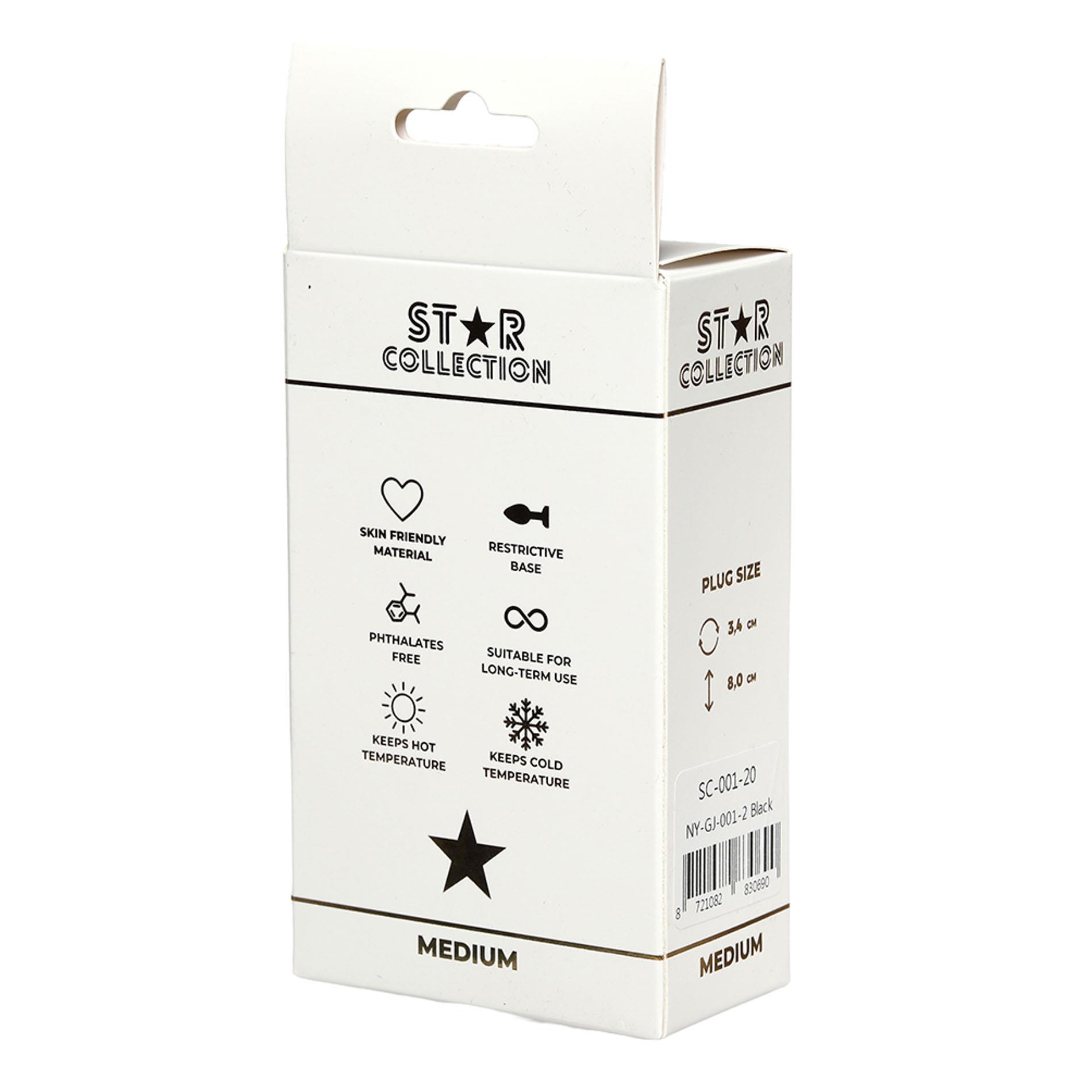 Star Collection - Black Silicone Anal Plug M - Light Pink Stone