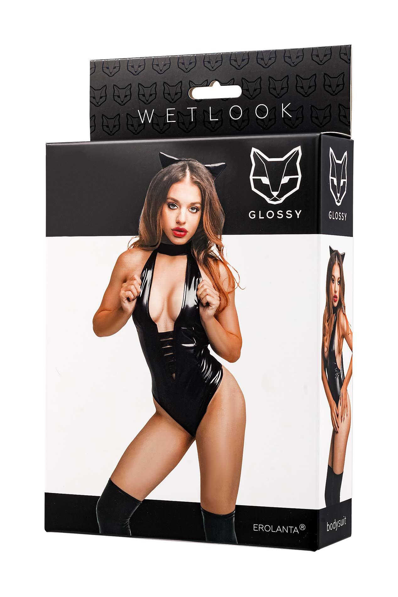 Glossy Kitti, Bodysuit And Cat Ears, Wetlook, Black, L