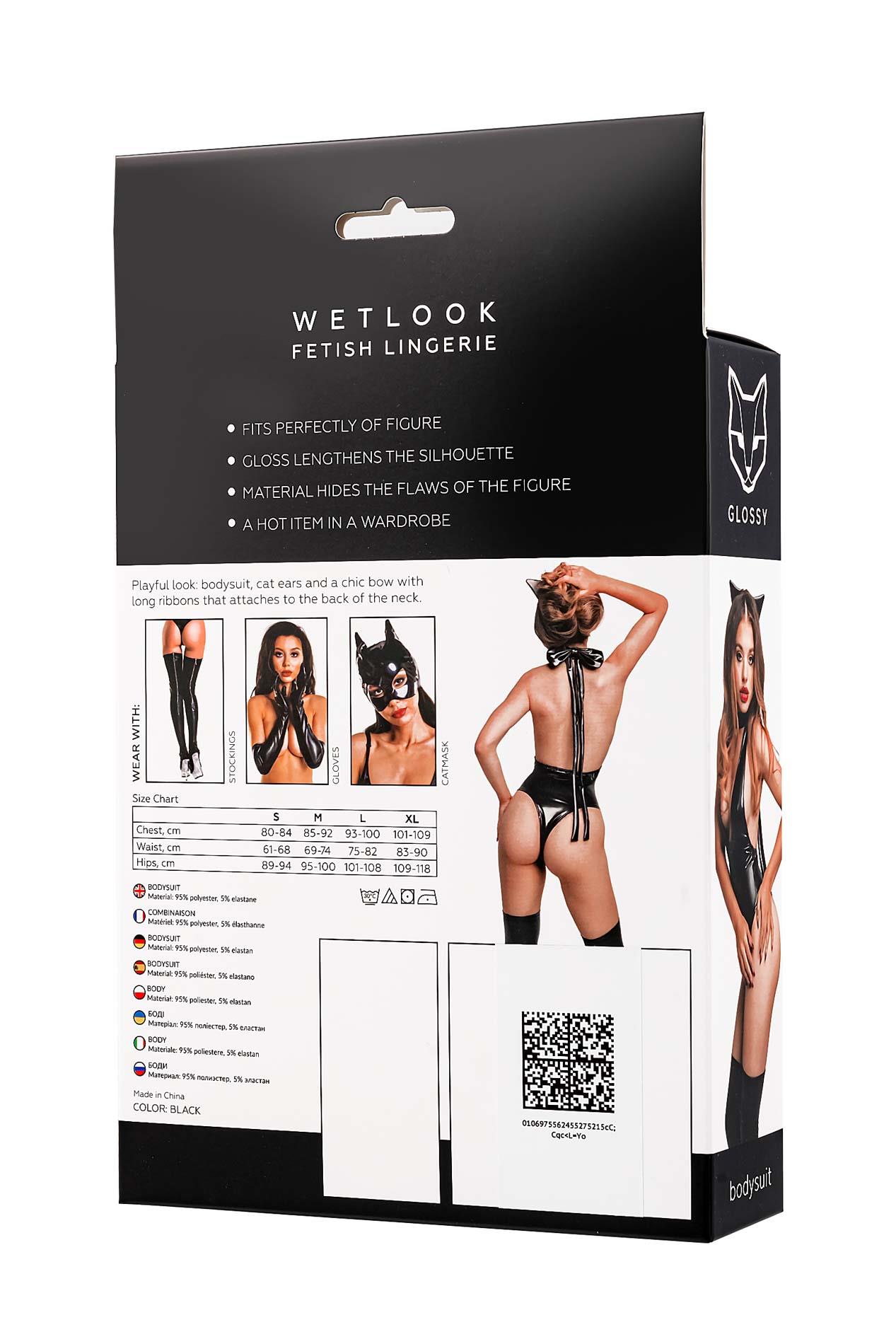 Glossy Kitti, Bodysuit And Cat Ears, Wetlook, Black, L