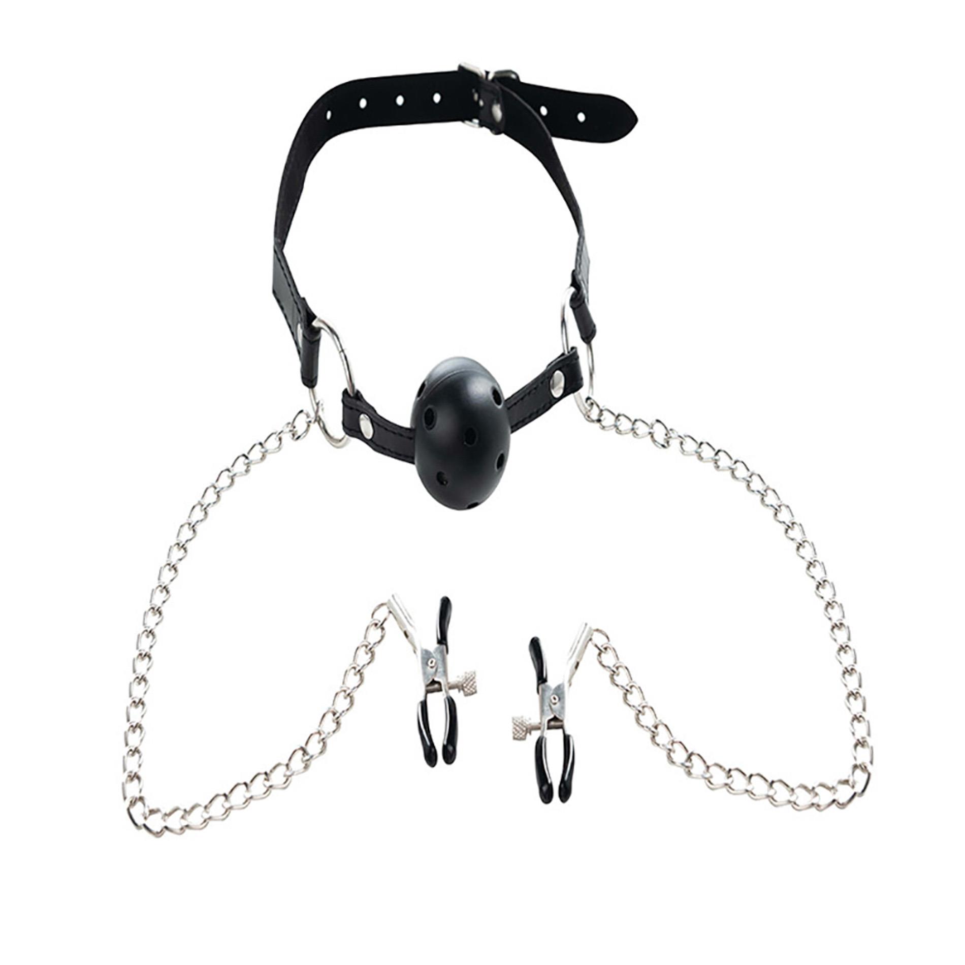 Breathable Ball Gag With Adjustable Nipple
Clamps.