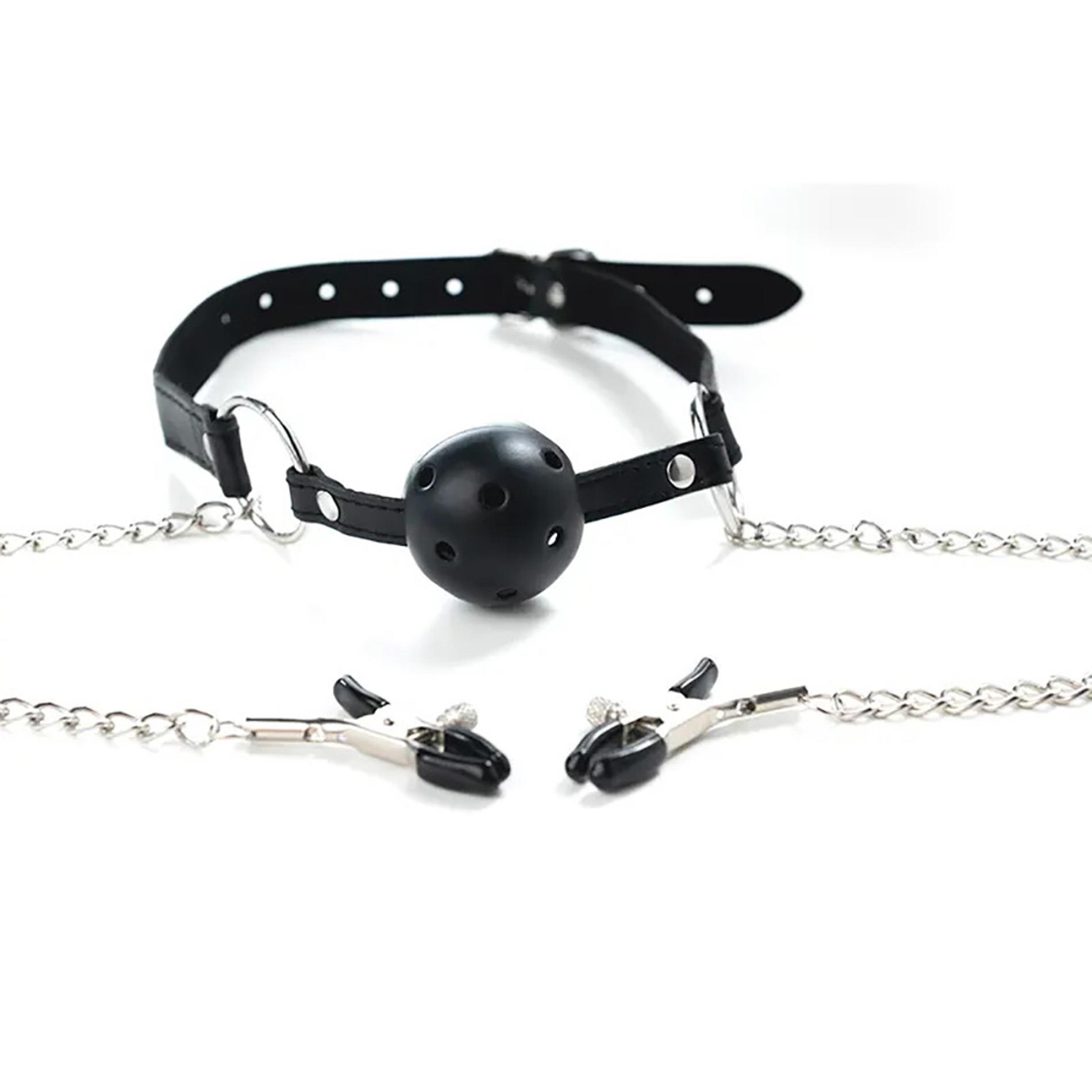 Breathable Ball Gag With Adjustable Nipple
Clamps.