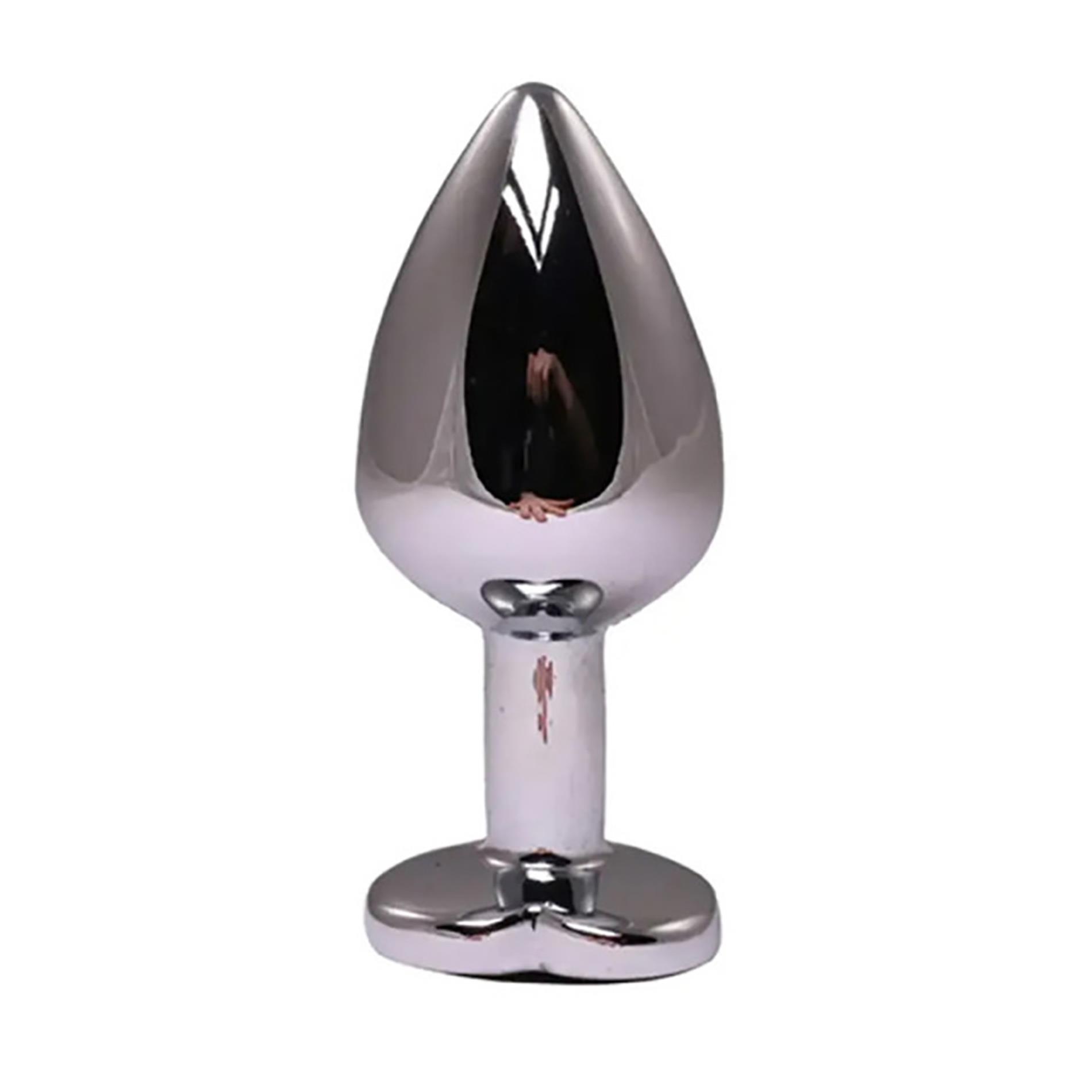 Silver Medium Heart-Shaped Butt Plug With Black Crystal