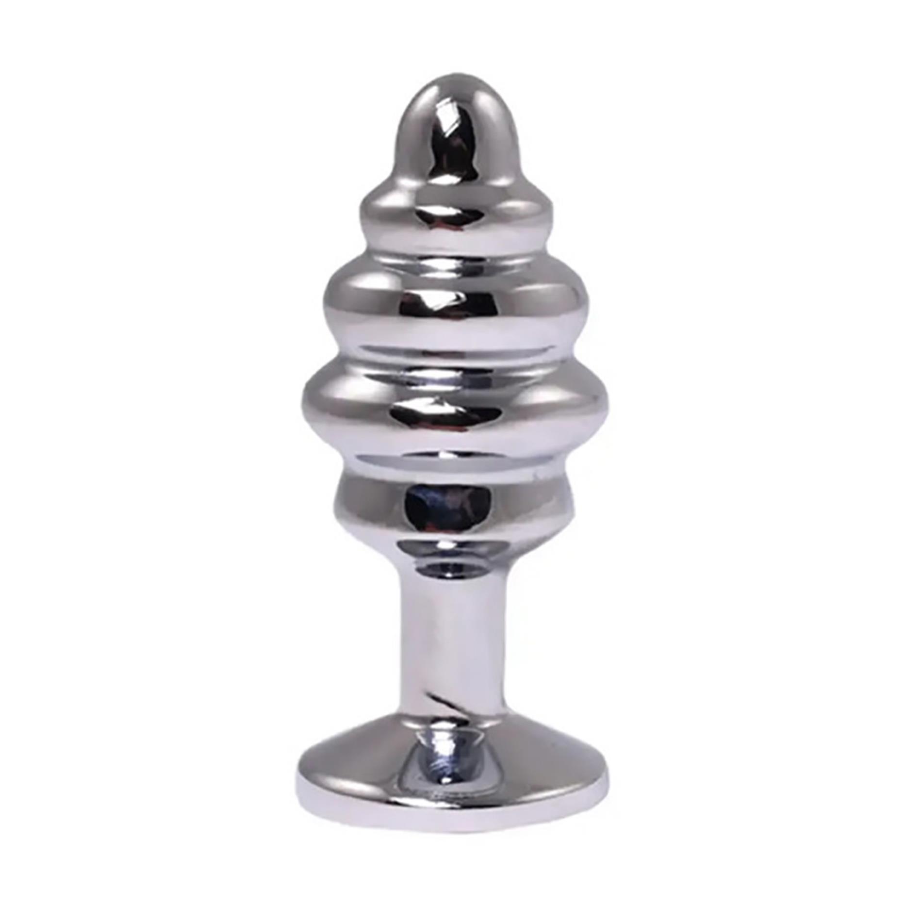 Silver Medium Ribbed Butt Plug With Pink Crystal