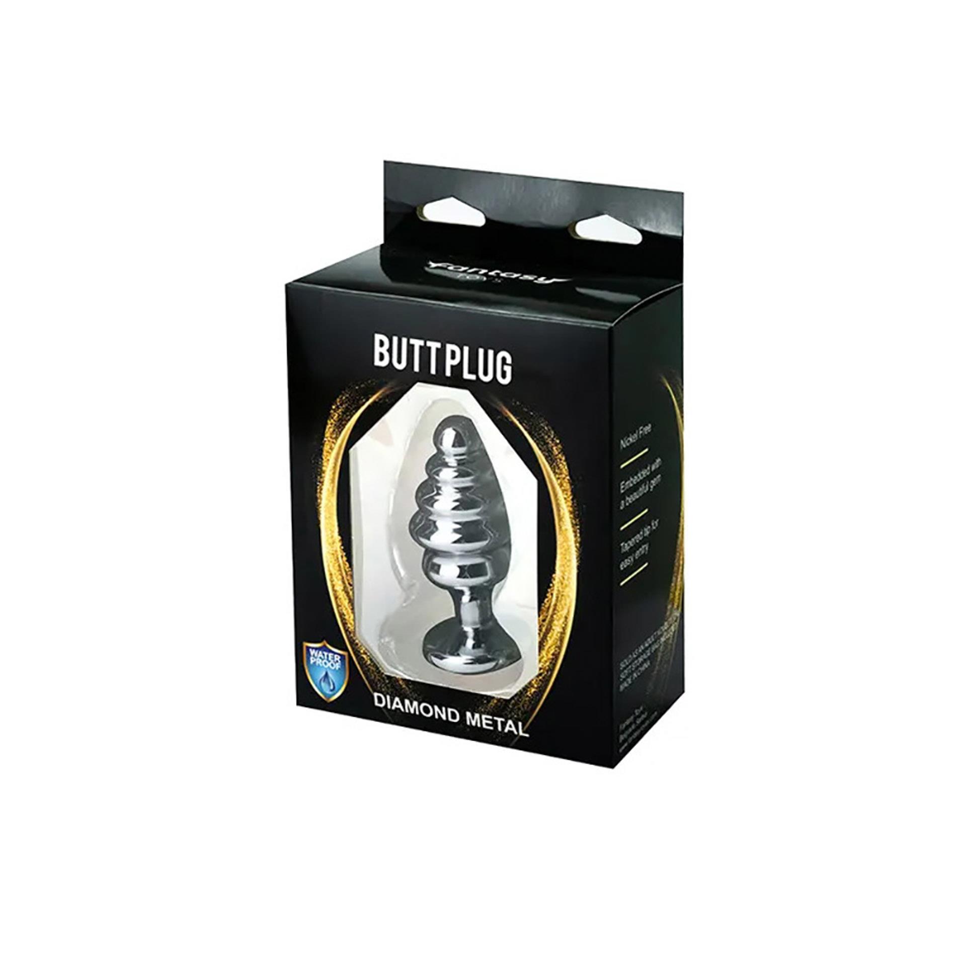 Silver Medium Ribbed Butt Plug With White Crystal