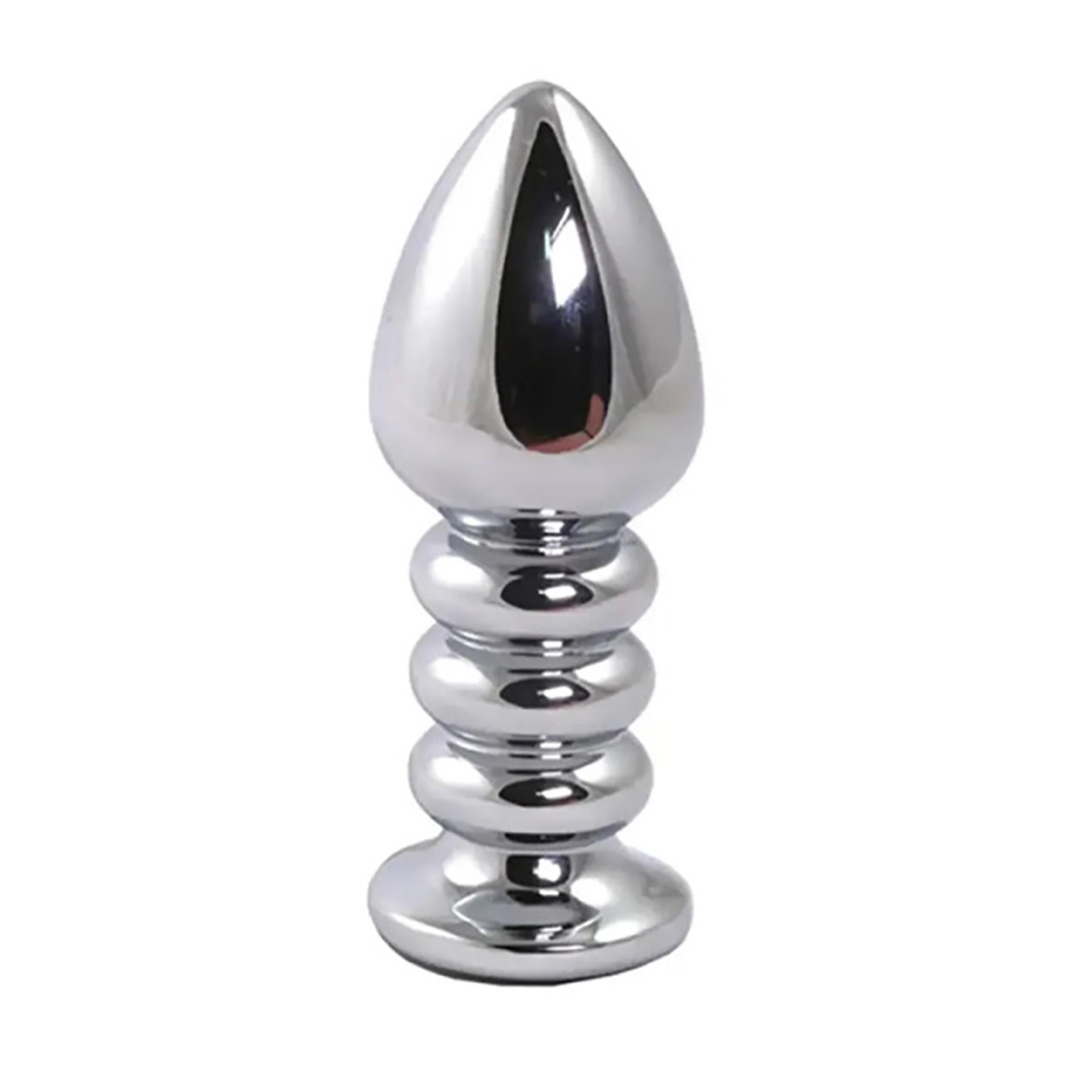 Silver Large Ribbed Butt Plug With Black Crystal