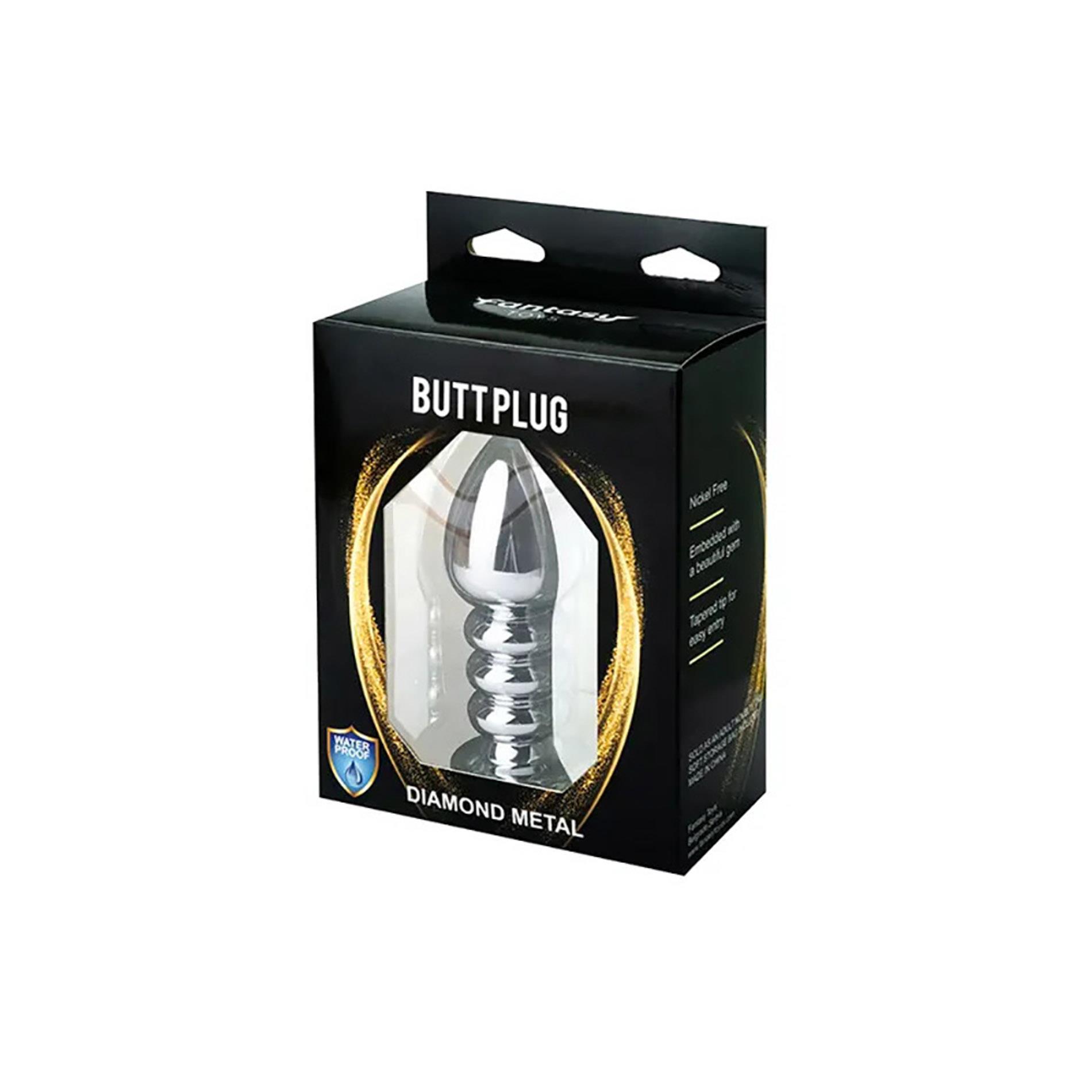 Silver Large Ribbed Butt Plug With Black Crystal