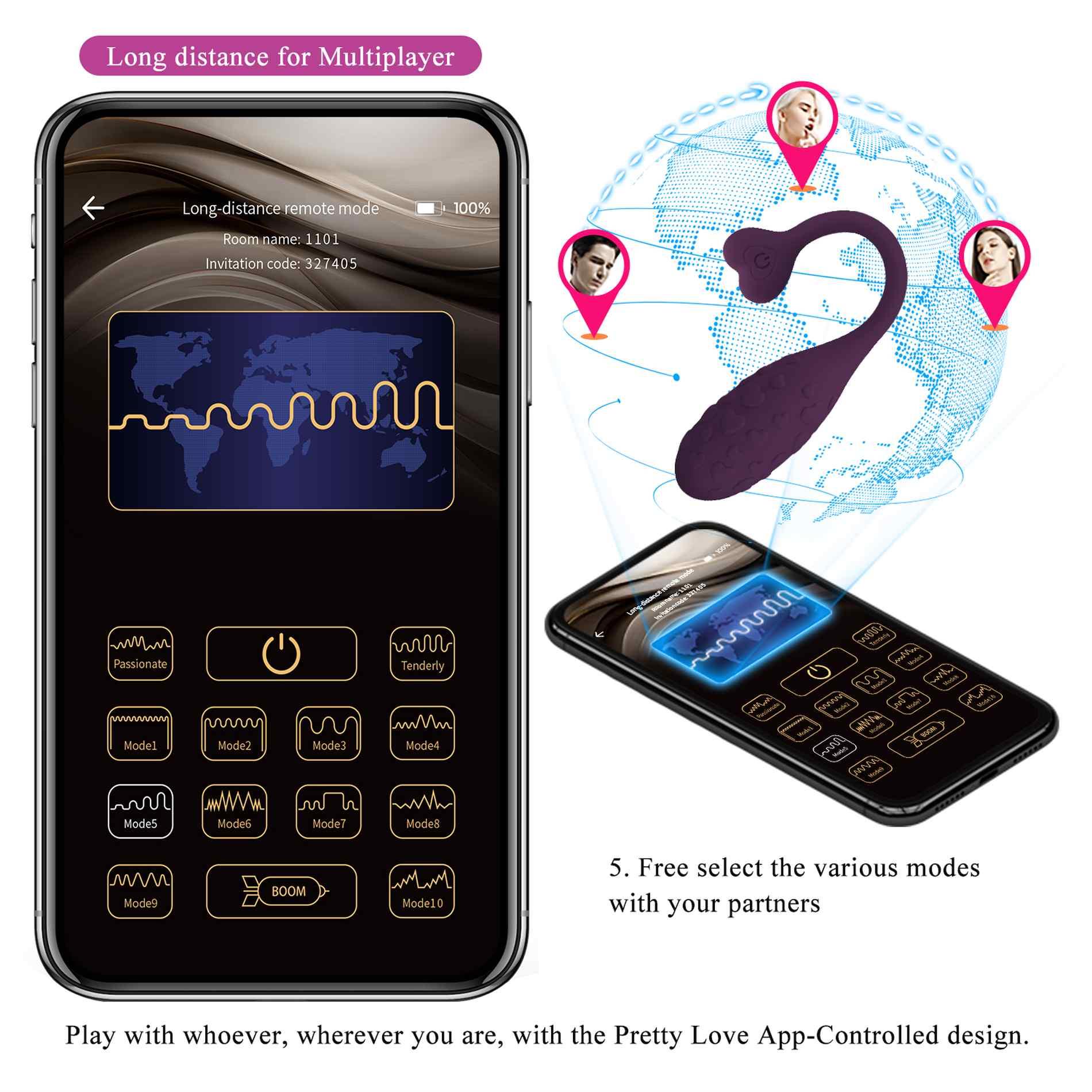 Pretty Love - Fisherman Purple, 12 Vibration Functions Mobile App Remote